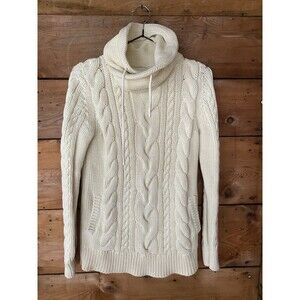 L.L. Bean Cable Knit Sweater Women’s XS Cream Funnel Neck Kangaroo Pocket